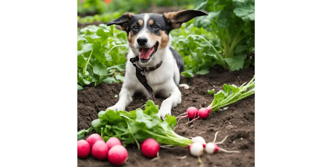 A dog with radishes in the garden